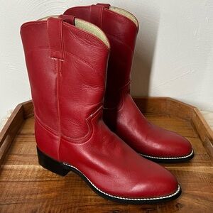Vintage Justin Mid-Calf Leather Cowboy Boots in Cherry Red
